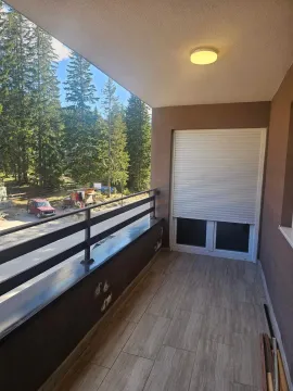 Natkriveni balkon sa pločicama, drvenom ogradom i pogledom na šumu. - image 9