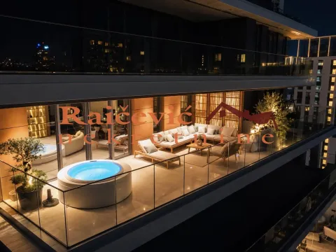 Large terrace with a jacuzzi, seating furniture, and a view at night. - image 2