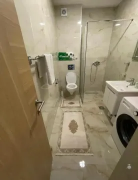 Modern bathroom with a walk-in shower, washbasin, toilet, and washing machine. - image 9
