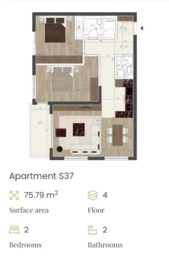 Floor plan of a two-bedroom apartment with an area of 75.79 square meters. - image 2