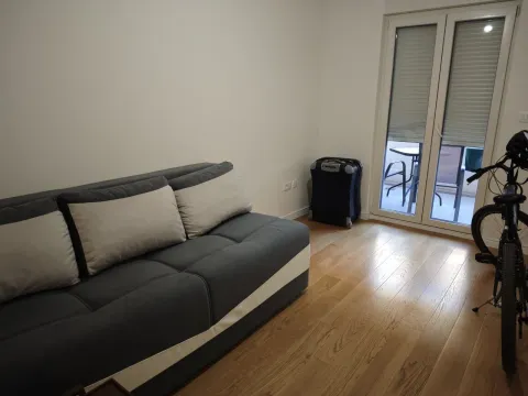 Svijetla soba sa sivom garniturom, parketom i izlazom na balkon. - image 16