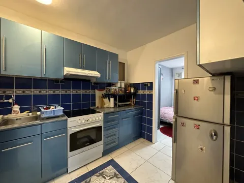 Kitchen with blue cabinetry, white appliances, and blue wall tiles. - image 7