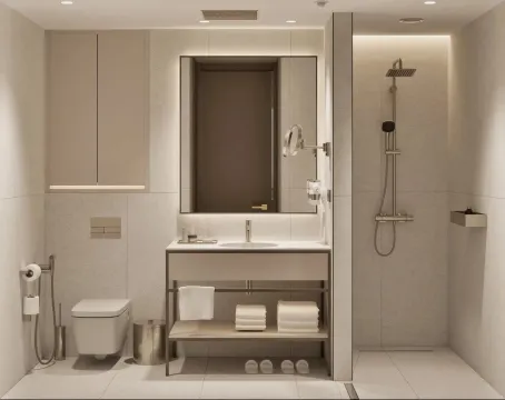 Moderno uređeno kupatilo sa umivaonikom, toaletom i tuš kabinom. - image 5