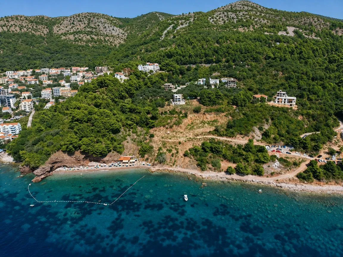 Pogled iz vazduha na obalu, more i okolno naselje u zelenilu.