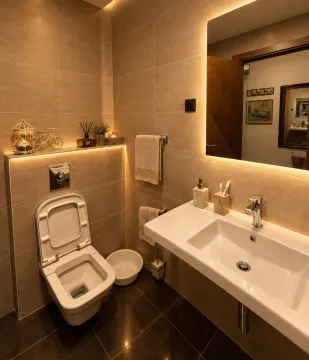 Modernly decorated bathroom with a sink and toilet. - image 6