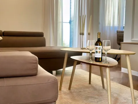 Detalj sa flašom vina i čašama na stočiću u dnevnoj sobi. - image 6
