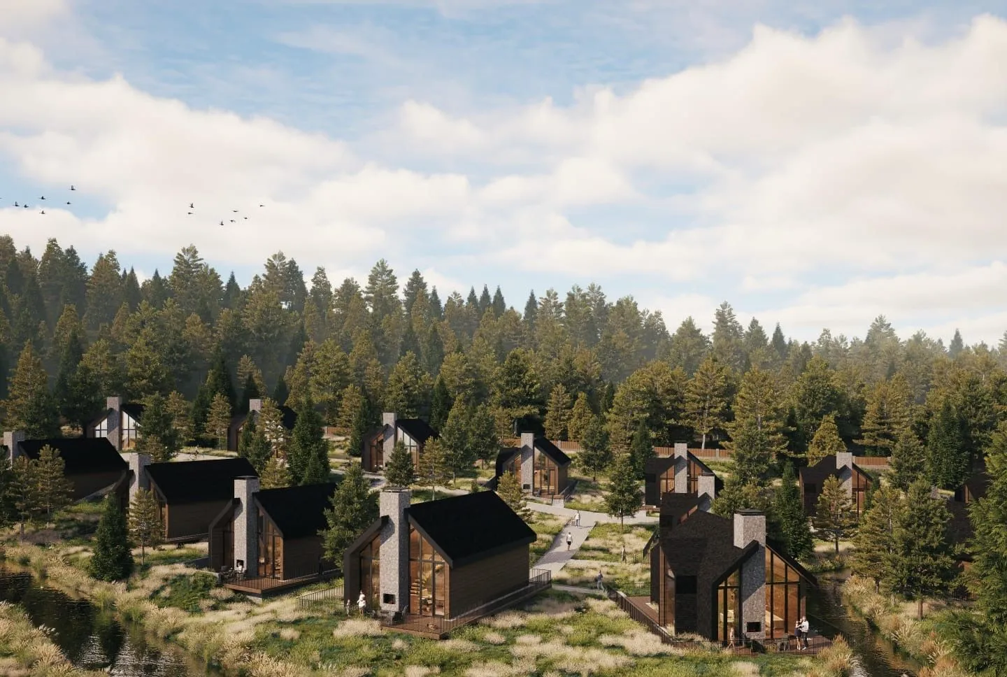 Pogled na moderno naselje sa vikendicama okruženo šumom.