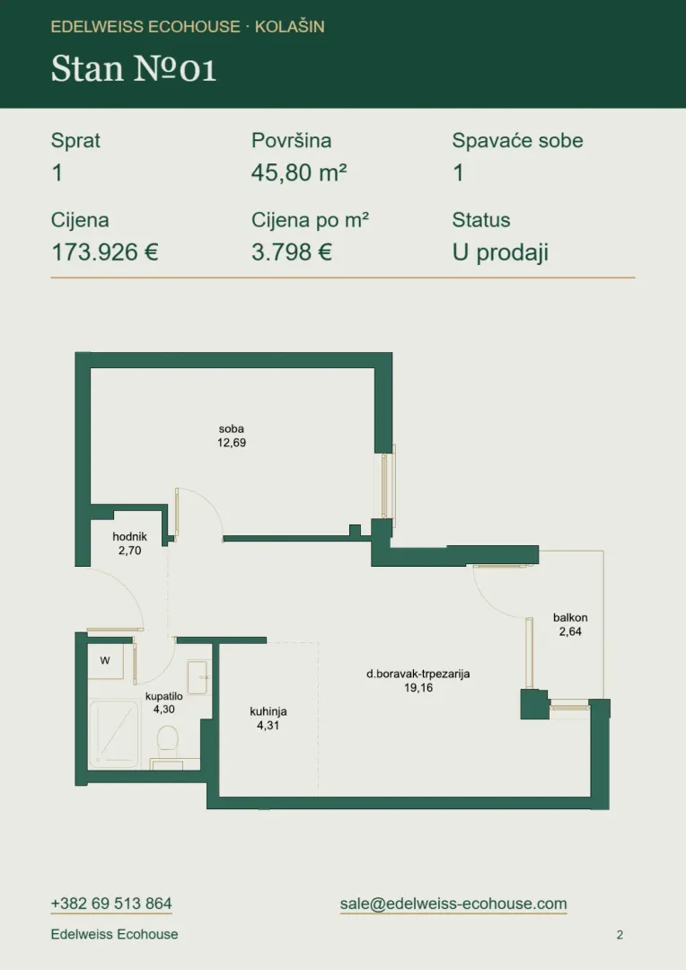 Prodaja, jednosoban stan, 46m², Centar, Kolašin - Plan prostora