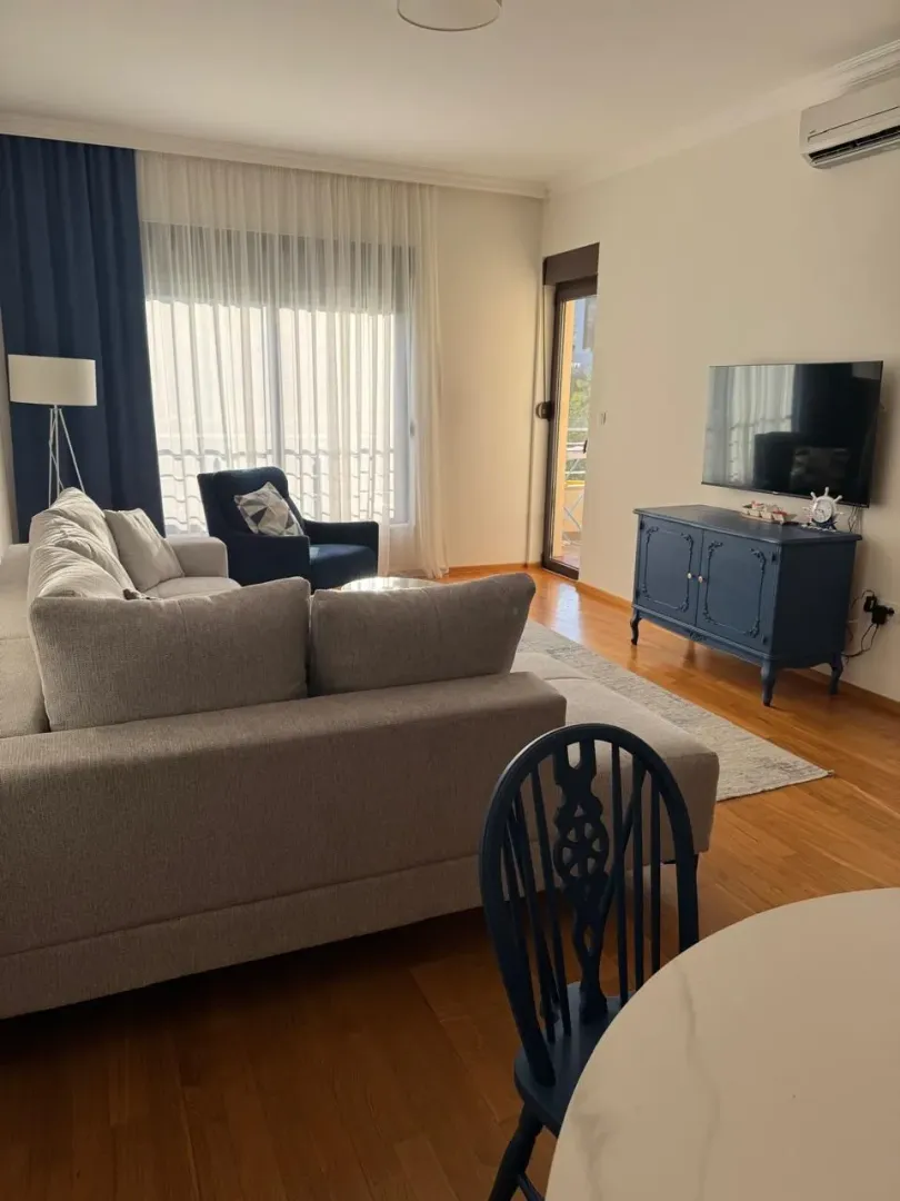 Living room with a sofa, TV, and dining table.