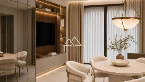 Moderan dnevni boravak sa trpezarijom, ugrađenim TV elementima i elegantnim osvjetljenjem. - image 14
