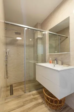 Modern bathroom with a walk-in shower, washbasin, and mirror. - image 16