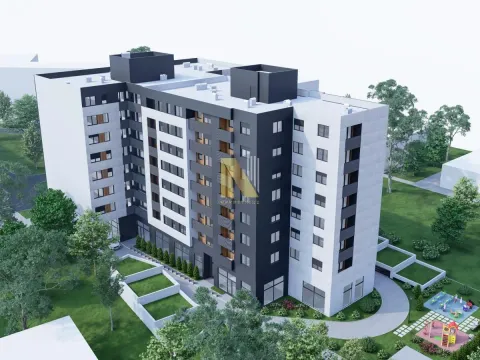 Spoljašnji izgled moderne stambene zgrade sa uređenim dvorištem i igralištem. - image 3