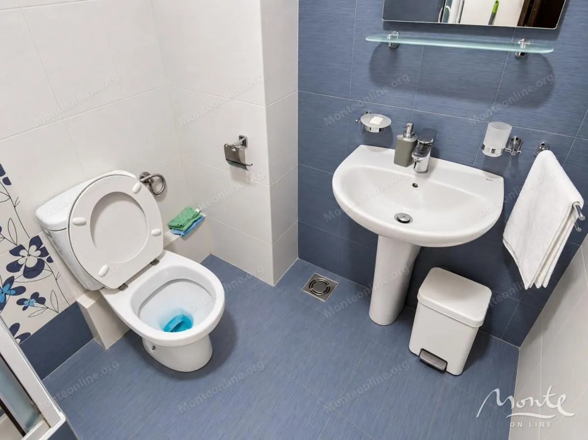 Kupatilo opremljeno WC šoljom, umivaonikom i plavim pločicama.