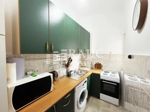 Smaller kitchen with green cabinets and built-in appliances. - image 7