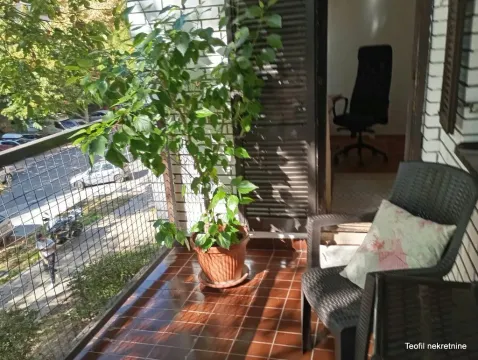 Furnished balcony with a potted plant and a street view. - image 15