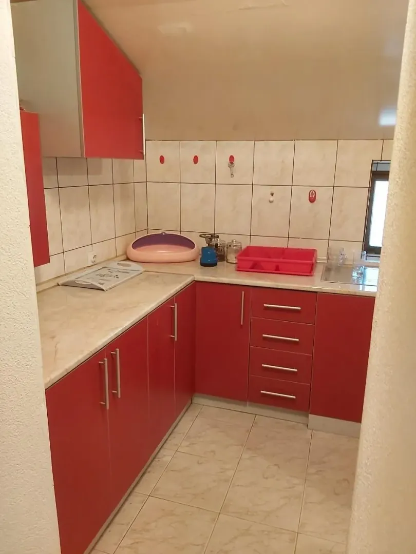 Mala kuhinja sa crvenim elementima i svijetlom radnom površinom.