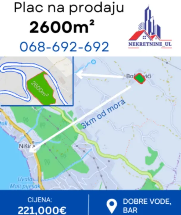 Prodaja, plac, 2600m², Dobre Vode, Bar