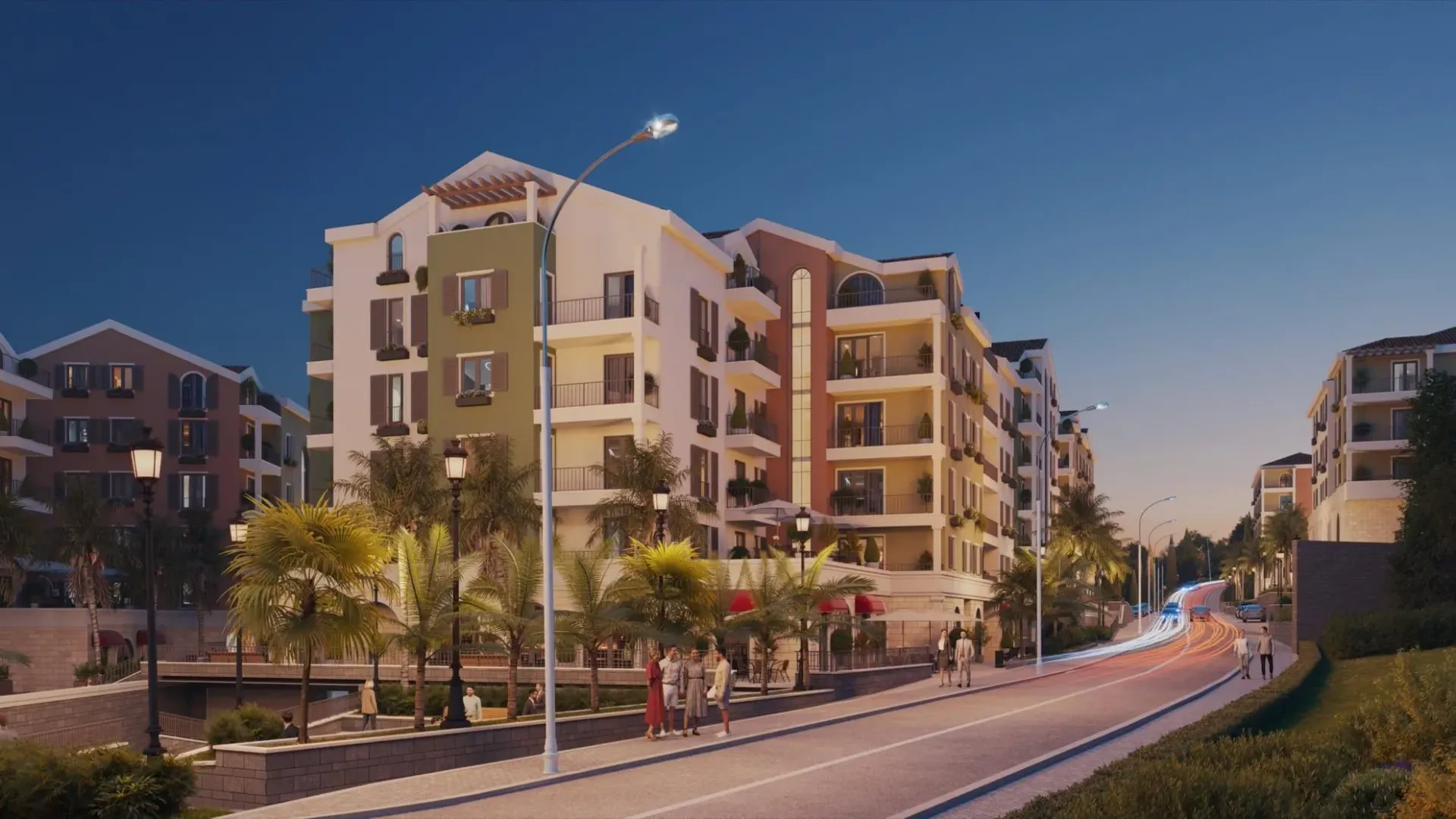 3D render moderne stambene zgrade sa osvijetljenom ulicom i palmama.