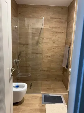 Modern bathroom with wood-look tiles and a walk-in shower. - image 7