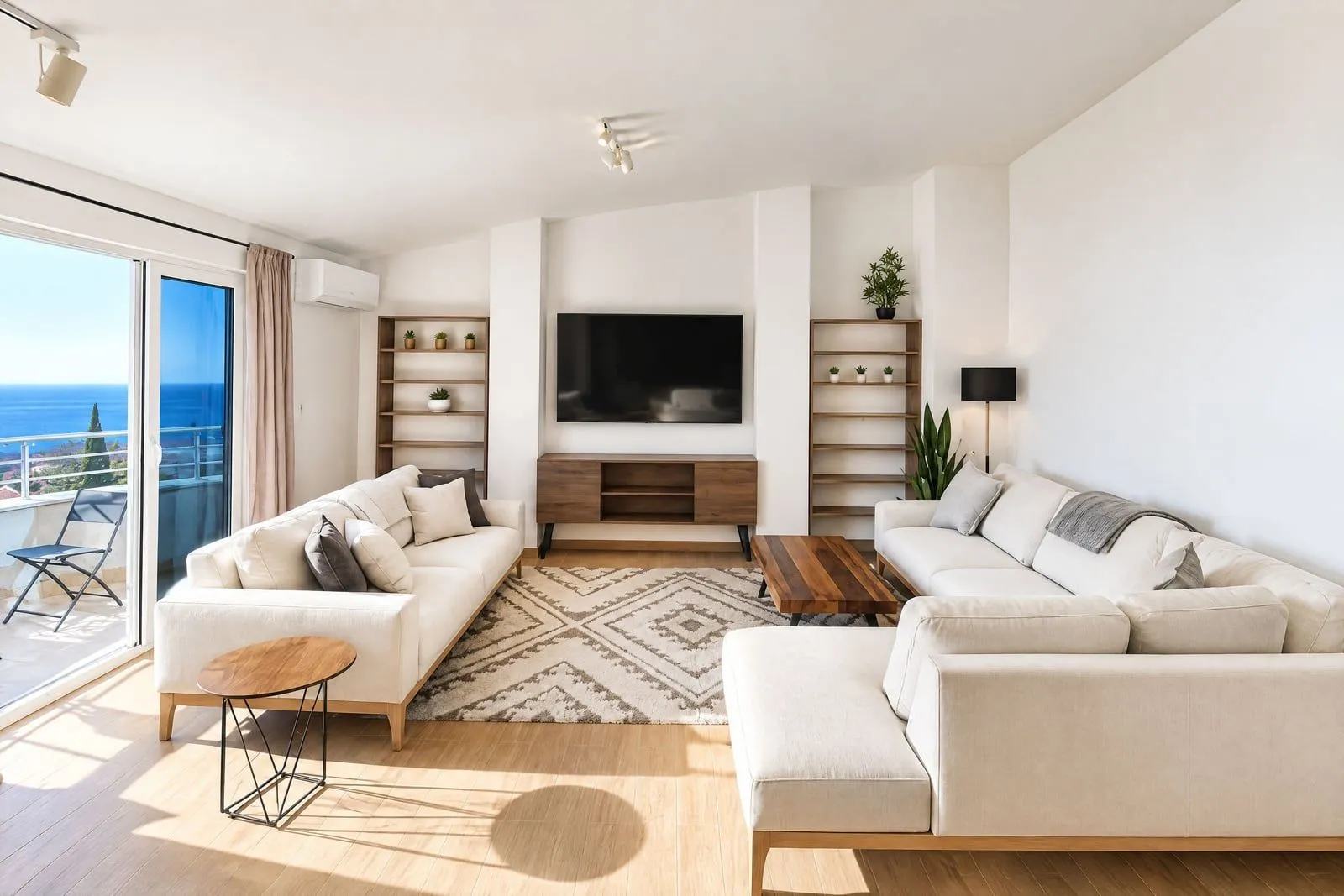 Spacious living room with sofa set, TV, and sea view.