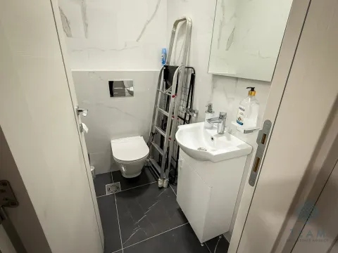 Small bathroom with a sink, toilet, and mirror. - image 15