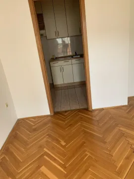 Pogled iz sobe sa parketom na manju kuhinju sa bijelim elementima. - image 6