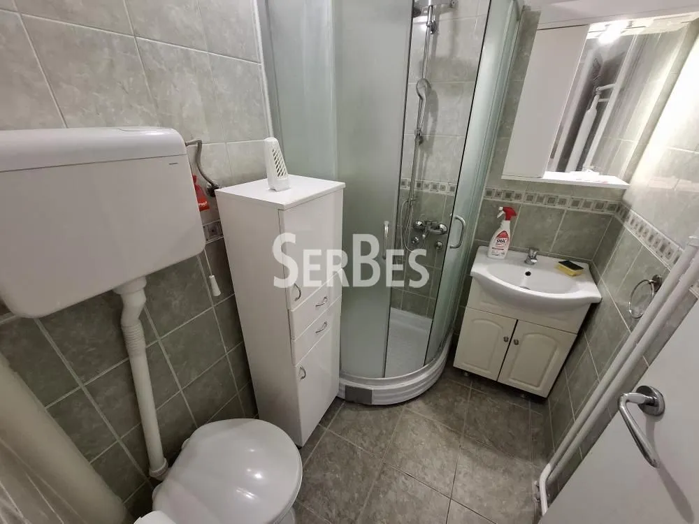 Kupatilo opremljeno tuš kabinom, umivaonikom i toaletom.