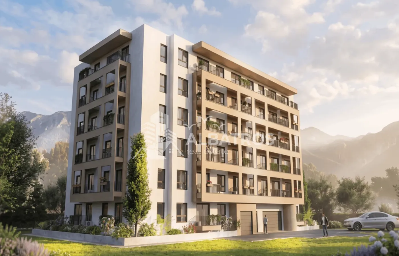 Spoljašnji izgled moderne stambene zgrade sa terasama i uređenim okruženjem.