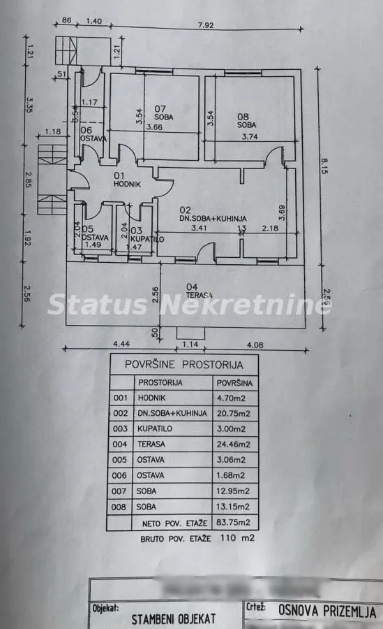 Osnova prizemlja sa rasporedom prostorija i dimenzijama.