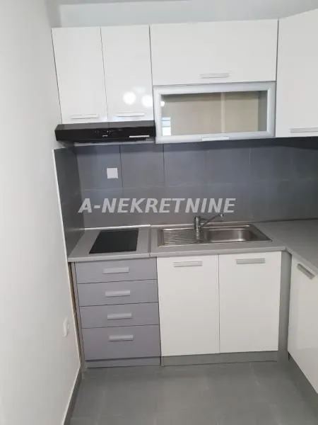 Manja kuhinja sa belim i sivim elementima, sudoperom i ugradnom pločom.