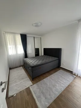 Bright bedroom featuring a double bed, a mirrored wardrobe, and two grey rugs. - image 7