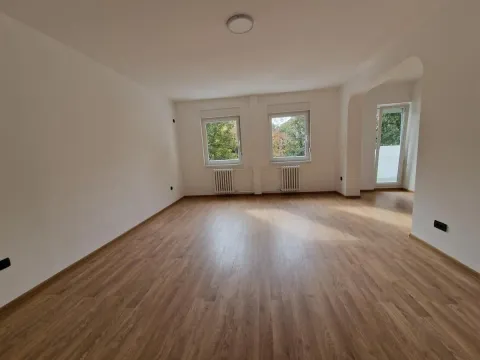 Prazna soba sa parketom, belim zidovima i dva prozora. - image 3