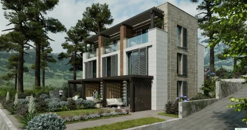Eksterijer moderne stambene zgrade sa uređenim dvorištem i terasama. - image 9