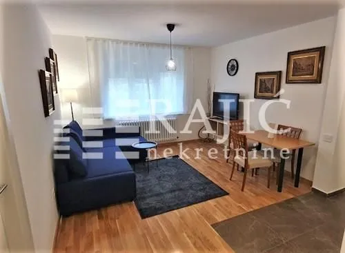 Living room with a sofa and dining table.