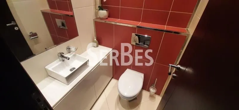 Manje kupatilo sa umivaonikom i wc šoljom, obloženo crvenim i belim pločicama.
