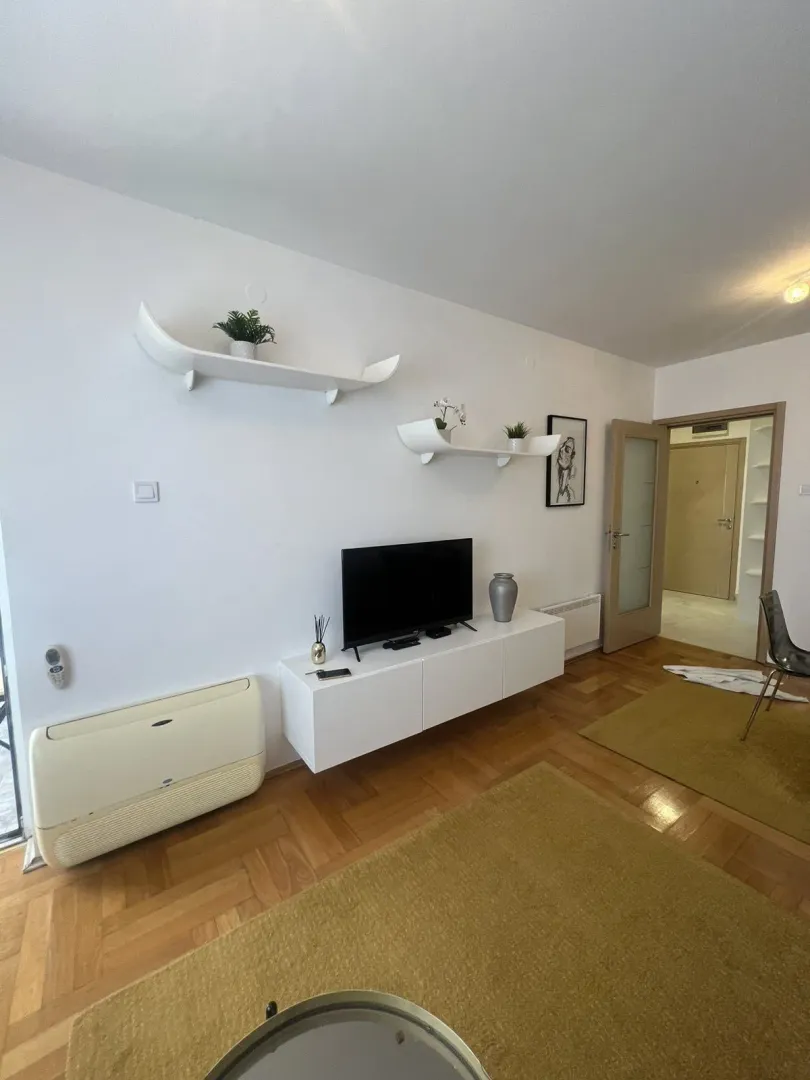 Bright living room featuring a TV console and wooden flooring.