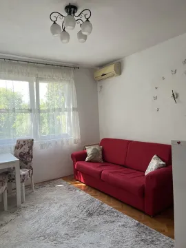 A living room with a red sofa and a dining table. - image 15