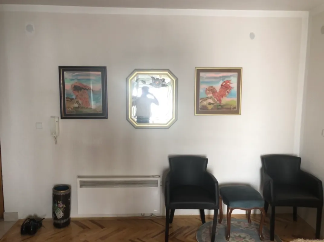 Dnevni boravak sa foteljama, slikama na zidu i parketom na podu.