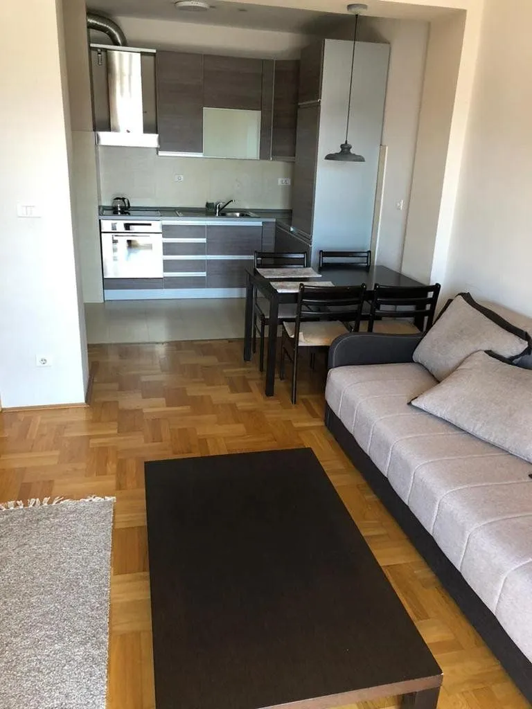 Living room with a sofa and dining area integrated with the kitchen.