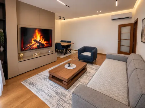 Modern living room with a sofa, TV, and dining area in the background. - image 4