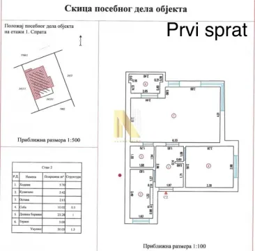 Osnova i skica posebnog dela objekta sa tabelom površina prostorija. - image 9