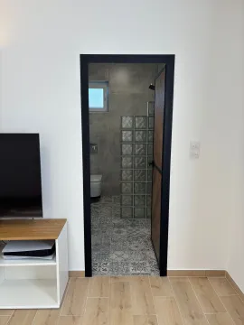 Pogled iz hodnika na moderno uređeno kupatilo sa tuš kabinom. - image 15