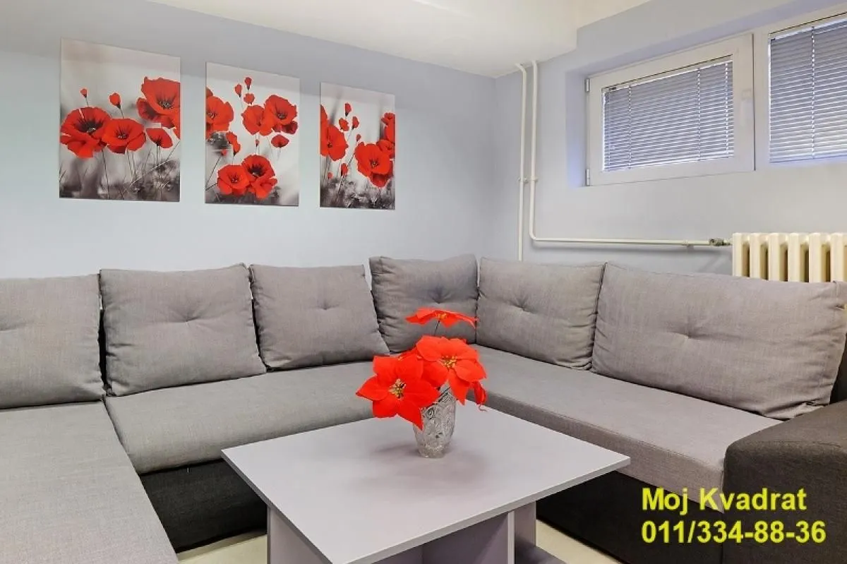 Living room with a large grey corner sofa and a coffee table.