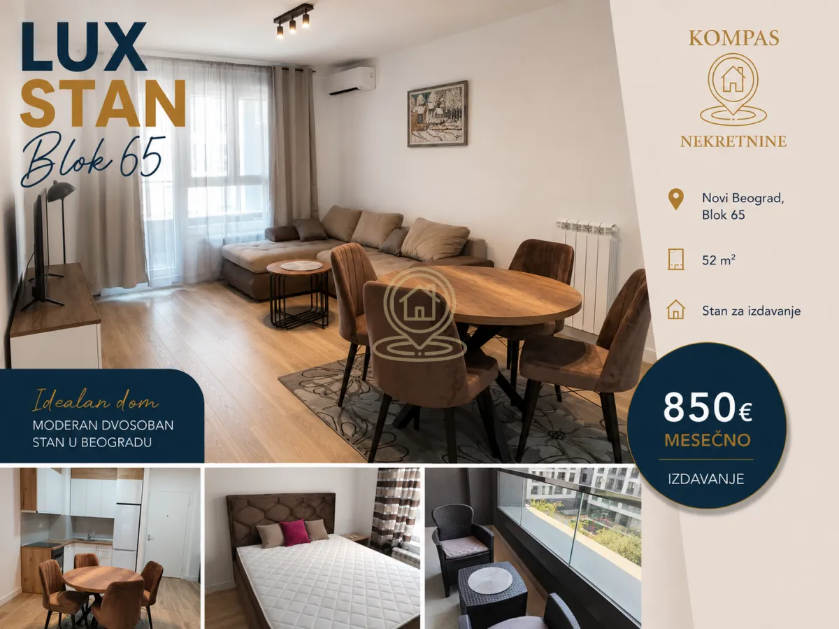 Rent, two bedroom apartment, 52m², Novi Beograd Blok 65, Novi Beograd Sve Podlokacije