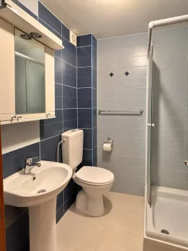 Manje kupatilo sa plavim i bijelim pločicama, umivaonikom, šoljom i tuš kabinom. - image 11