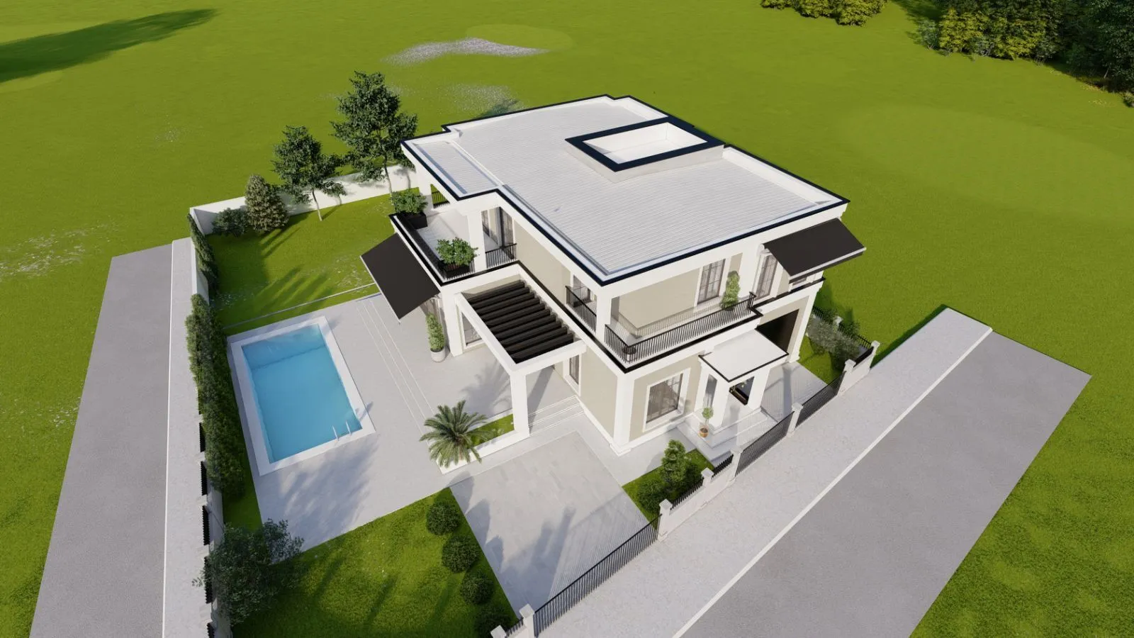 3D render moderne dvospratne kuće sa bazenom i uređenim dvorištem.