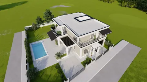 3D render moderne dvospratne kuće sa bazenom i uređenim dvorištem. - image 4