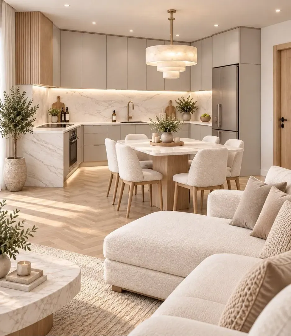 Spacious living room with a dining area and a modern kitchen in the background.