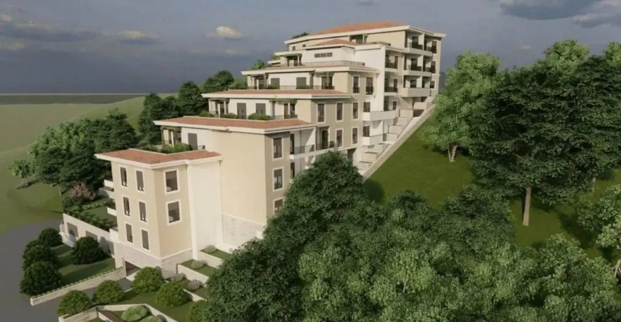 3D render eksterijera stambene zgrade sa terasama i zelenilom.