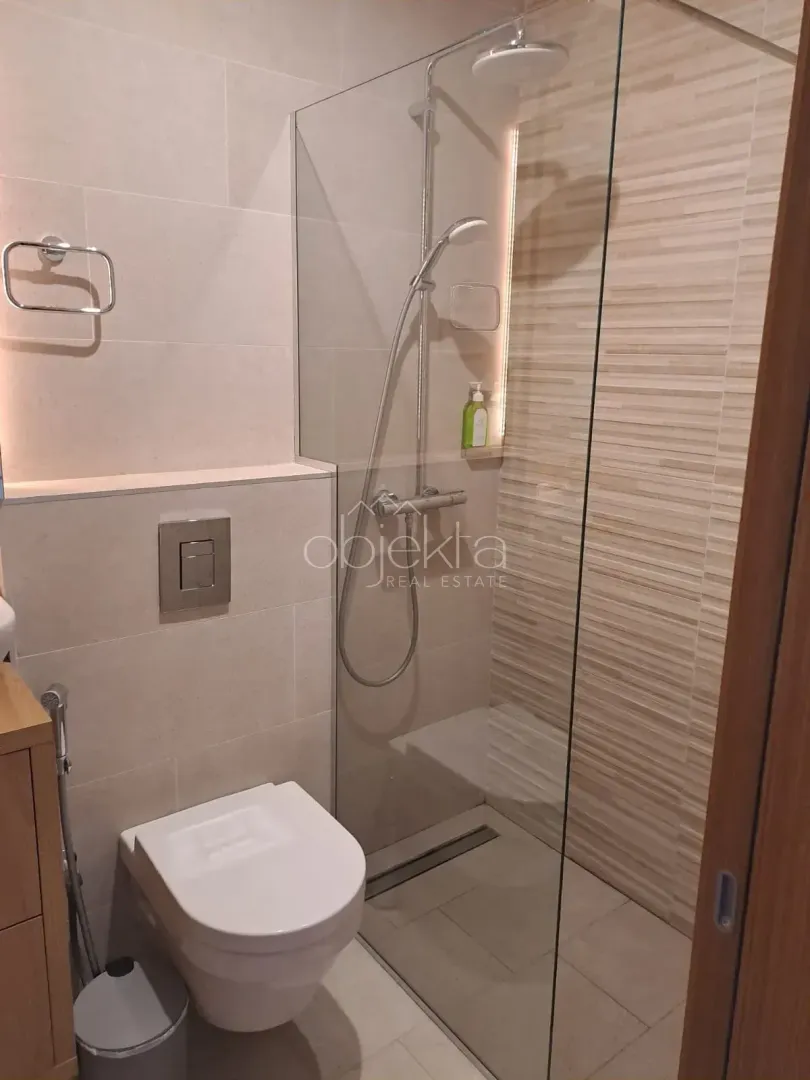 Modern bathroom equipped with a walk-in shower and a wall-mounted toilet.